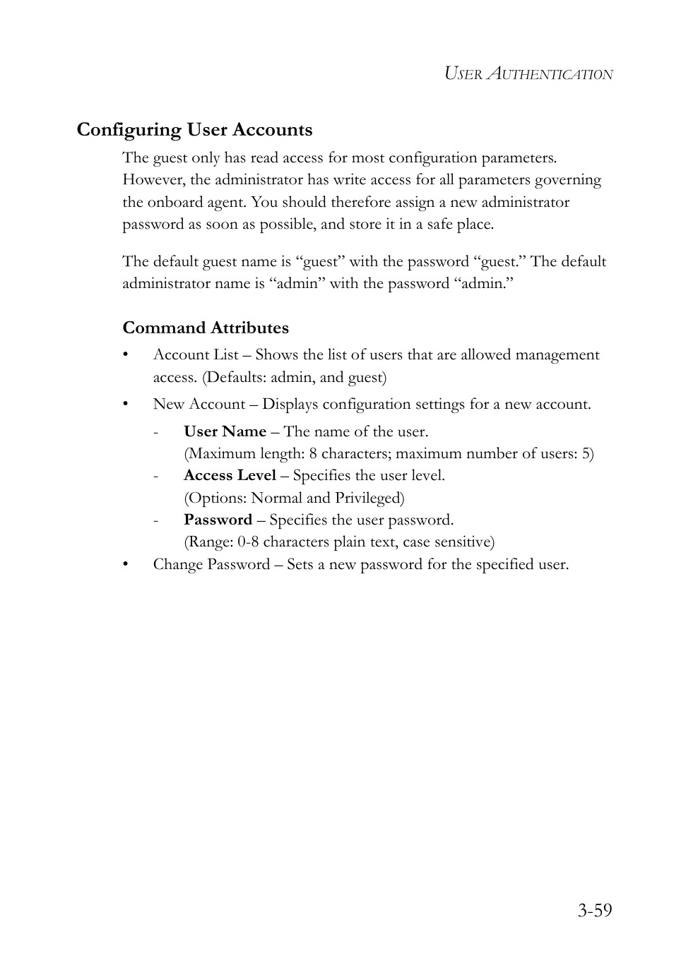 Configuring user accounts, Configuring user accounts -59, 59 configuring user accounts | SMC Networks SMC TigerStack 1000 SMC8748M User Manual | Page 115 / 592
