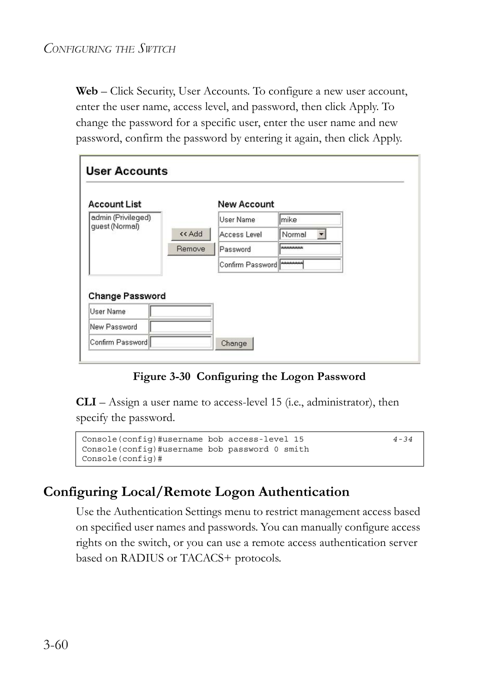 Configuring local/remote logon authentication, Configuring local/remote logon authentication -60, Figure 3-30 configuring the logon password -60 | SMC Networks SMC TigerStack 1000 SMC8748M User Manual | Page 116 / 592