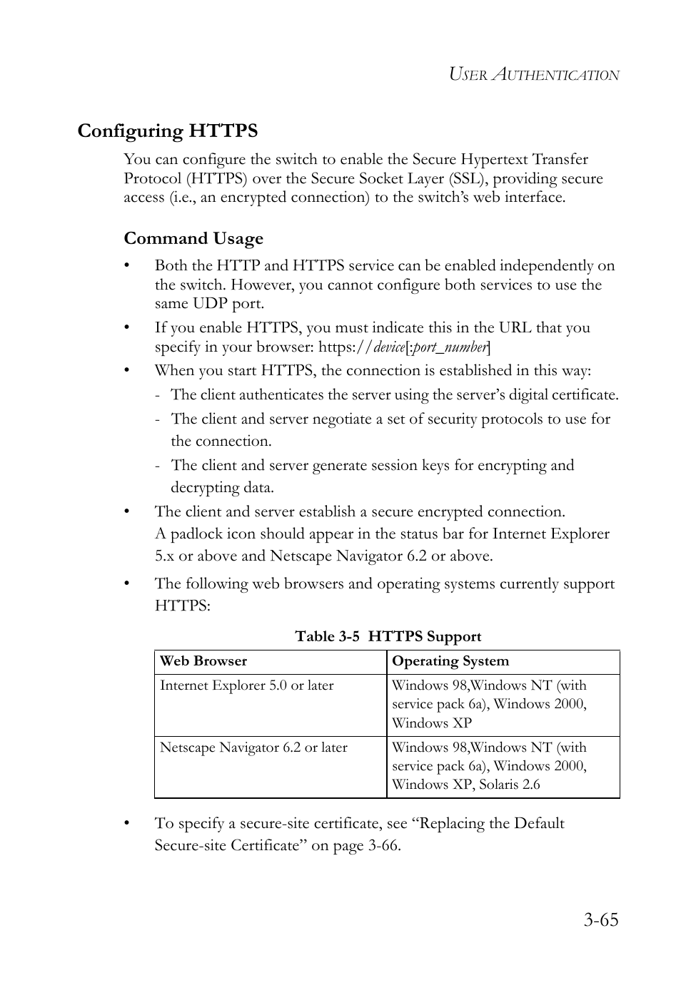 Configuring https, Configuring https -65, Table 3-5 | Https support -65 | SMC Networks SMC TigerStack 1000 SMC8748M User Manual | Page 121 / 592