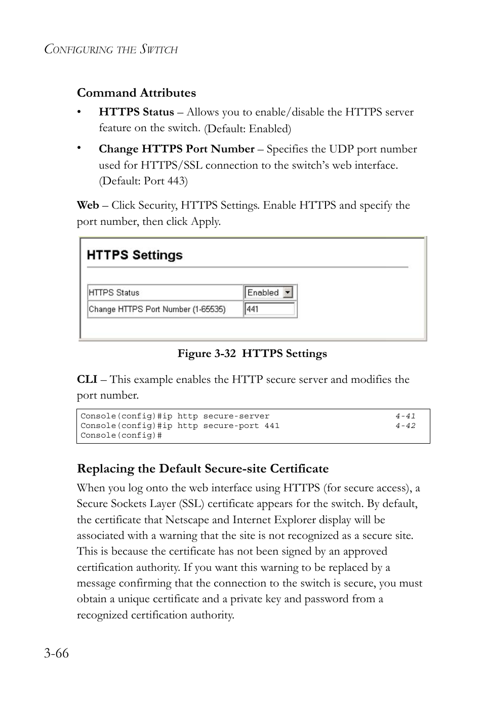 Replacing the default secure-site certificate, Replacing the default secure-site certificate -66, Figure 3-32 https settings -66 | Command attributes | SMC Networks SMC TigerStack 1000 SMC8748M User Manual | Page 122 / 592