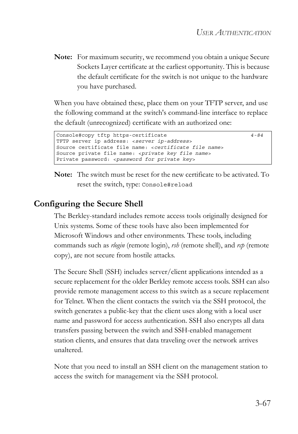 Configuring the secure shell, Configuring the secure shell -67, Ssh 3-67 | SMC Networks SMC TigerStack 1000 SMC8748M User Manual | Page 123 / 592