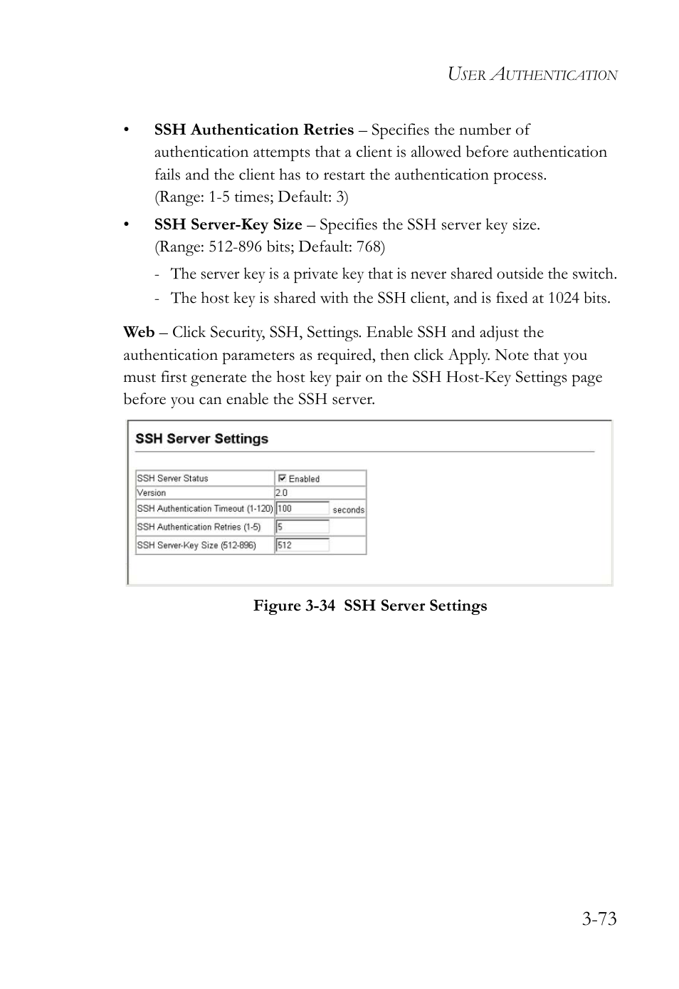 Figure 3-34 ssh server settings -73 | SMC Networks SMC TigerStack 1000 SMC8748M User Manual | Page 129 / 592