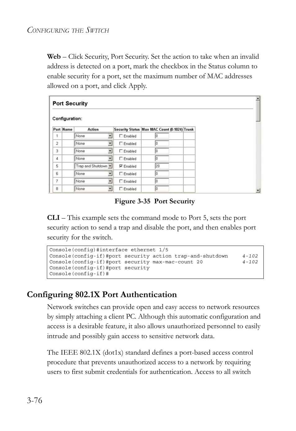 Configuring 802.1x port authentication, Configuring 802.1x port authentication -76, Figure 3-35 port security -76 | SMC Networks SMC TigerStack 1000 SMC8748M User Manual | Page 132 / 592