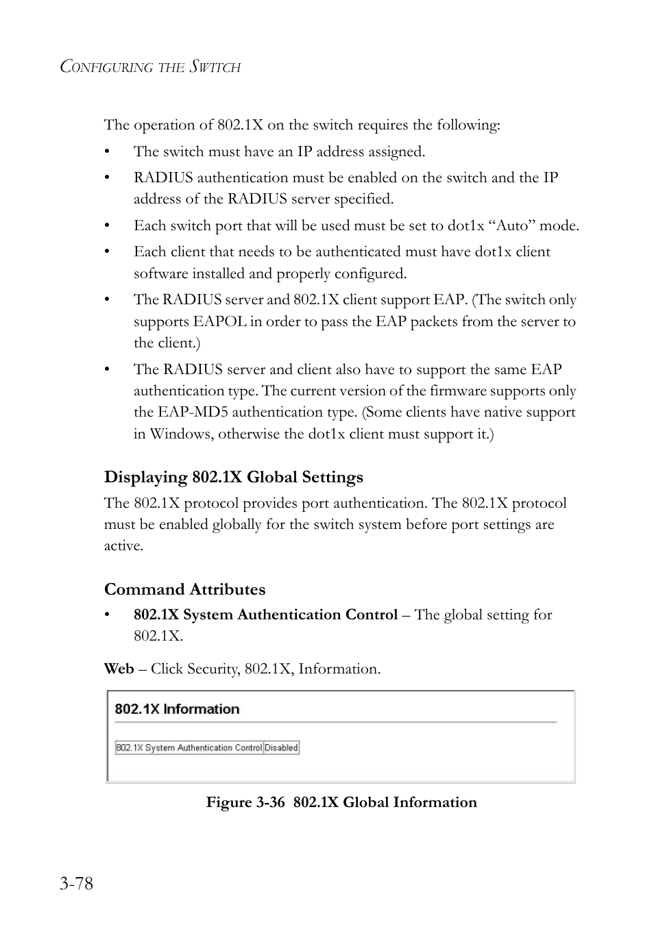 Displaying 802.1x global settings, Displaying 802.1x global settings -78, Figure 3-36 802.1x global information -78 | SMC Networks SMC TigerStack 1000 SMC8748M User Manual | Page 134 / 592