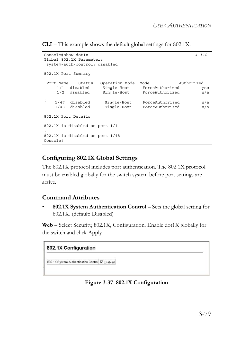Configuring 802.1x global settings, Configuring 802.1x global settings -79, Figure 3-37 802.1x configuration -79 | Command attributes | SMC Networks SMC TigerStack 1000 SMC8748M User Manual | Page 135 / 592