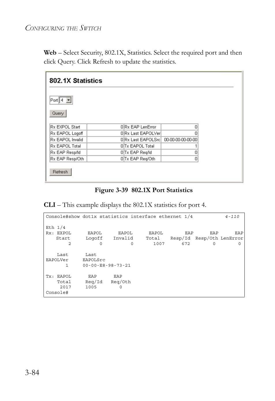 Figure 3-39 802.1x port statistics -84 | SMC Networks SMC TigerStack 1000 SMC8748M User Manual | Page 140 / 592