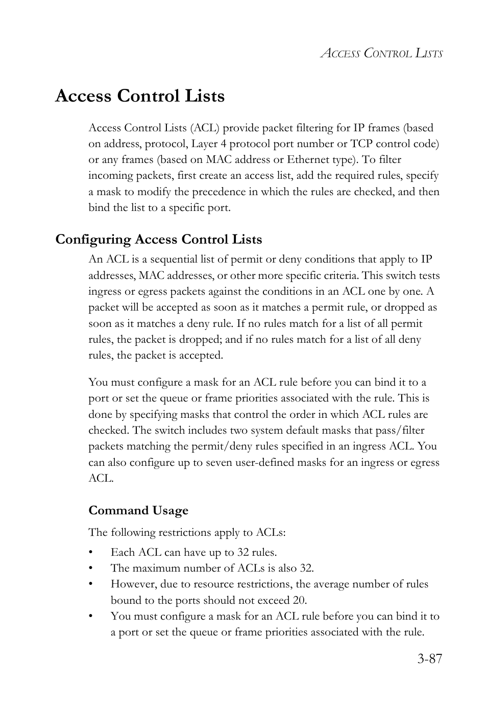 Access control lists, Configuring access control lists, Access control lists -87 | Configuring access control lists -87 | SMC Networks SMC TigerStack 1000 SMC8748M User Manual | Page 143 / 592
