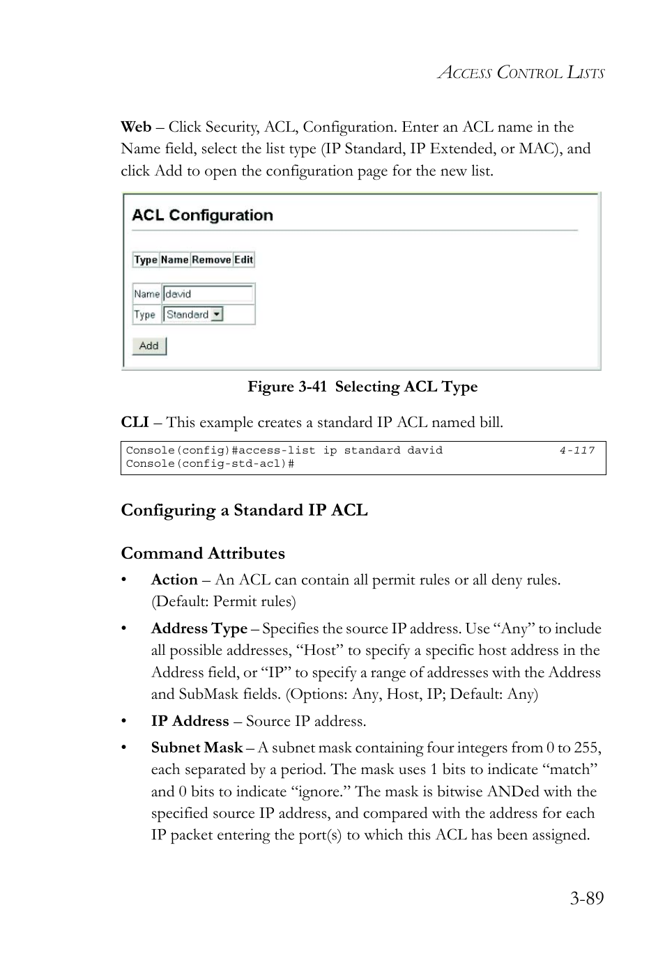 Configuring a standard ip acl, Configuring a standard ip acl -89, Figure 3-41 selecting acl type -89 | SMC Networks SMC TigerStack 1000 SMC8748M User Manual | Page 145 / 592