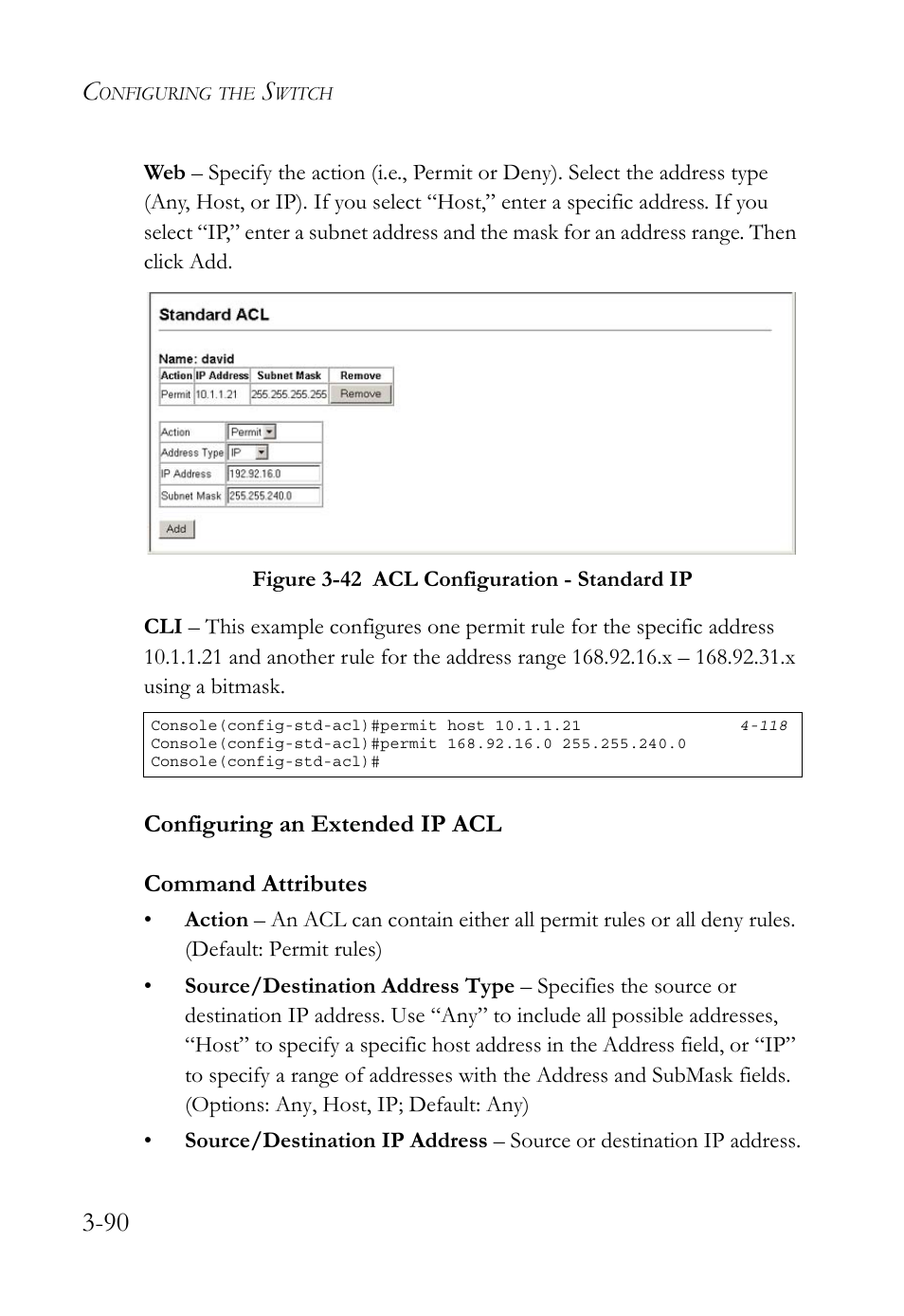 Configuring an extended ip acl, Configuring an extended ip acl -90, Figure 3-42 acl configuration - standard ip -90 | SMC Networks SMC TigerStack 1000 SMC8748M User Manual | Page 146 / 592