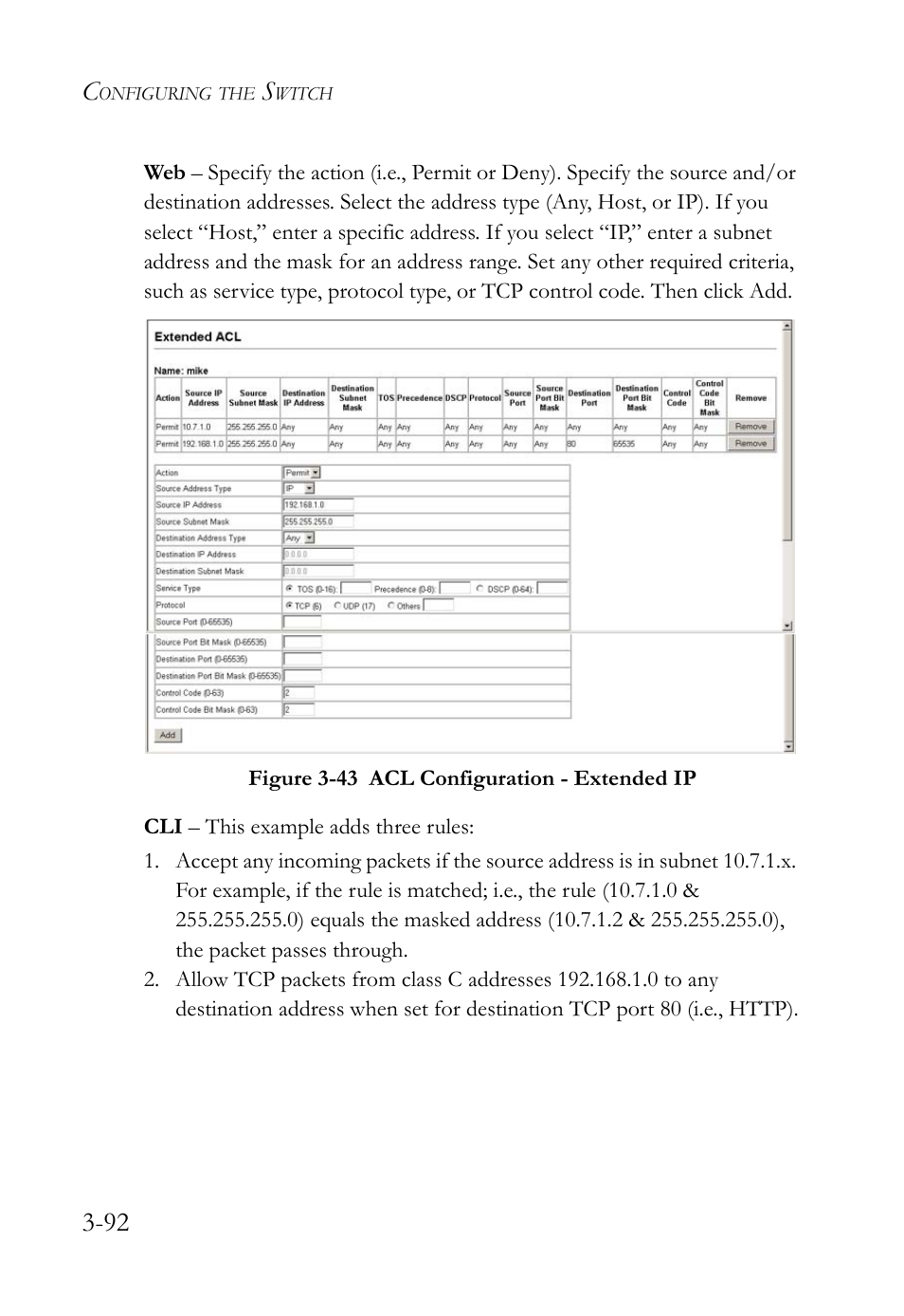 Figure 3-43 acl configuration - extended ip -92 | SMC Networks SMC TigerStack 1000 SMC8748M User Manual | Page 148 / 592