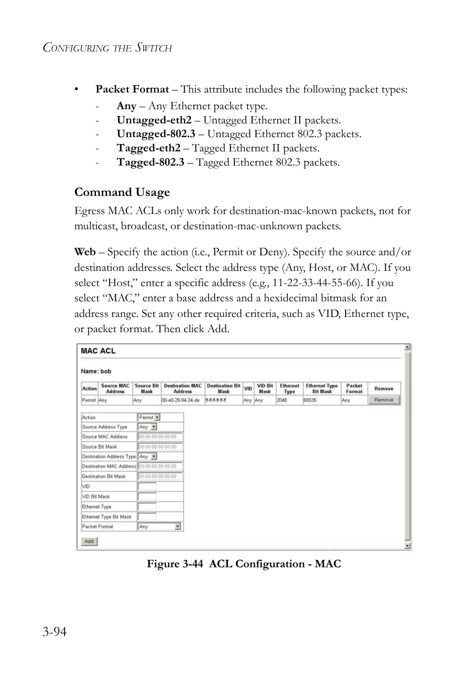 Figure 3-44 acl configuration - mac -94 | SMC Networks SMC TigerStack 1000 SMC8748M User Manual | Page 150 / 592