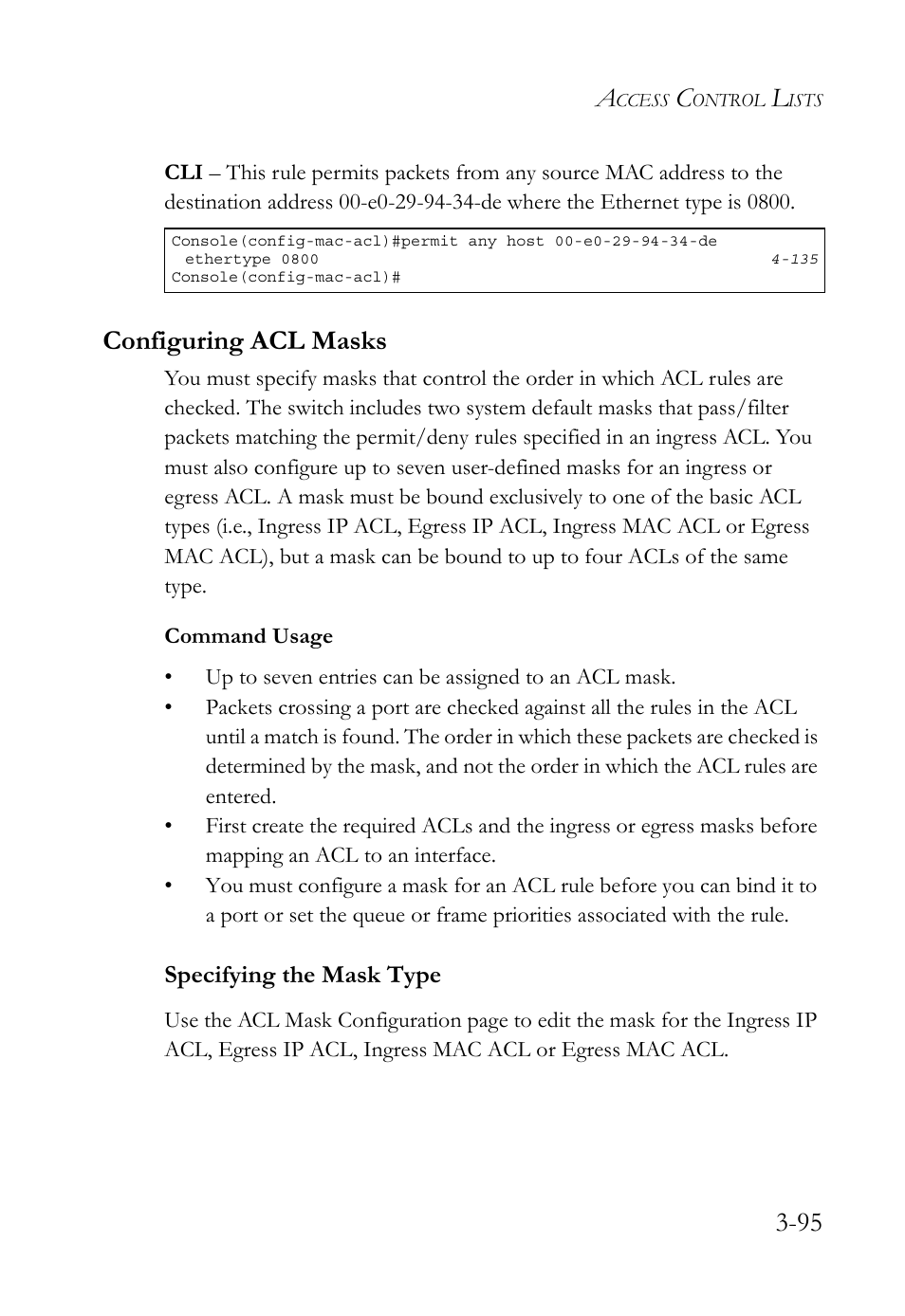 Configuring acl masks, Specifying the mask type, Configuring acl masks -95 | Specifying the mask type -95 | SMC Networks SMC TigerStack 1000 SMC8748M User Manual | Page 151 / 592
