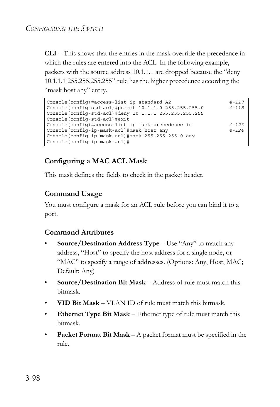 Configuring a mac acl mask, Configuring a mac acl mask -98, Command usage | Command attributes | SMC Networks SMC TigerStack 1000 SMC8748M User Manual | Page 154 / 592