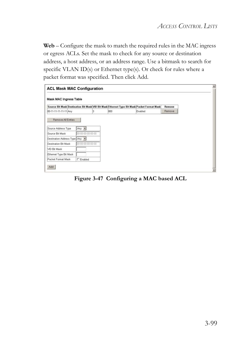 Figure 3-47 configuring a mac based acl -99 | SMC Networks SMC TigerStack 1000 SMC8748M User Manual | Page 155 / 592