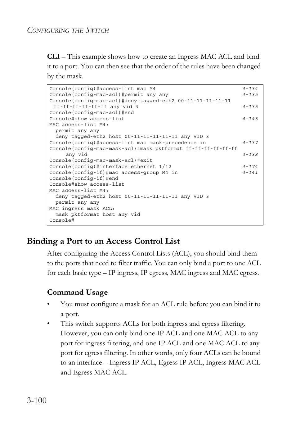 Binding a port to an access control list, Binding a port to an access control list -100, Command usage | SMC Networks SMC TigerStack 1000 SMC8748M User Manual | Page 156 / 592