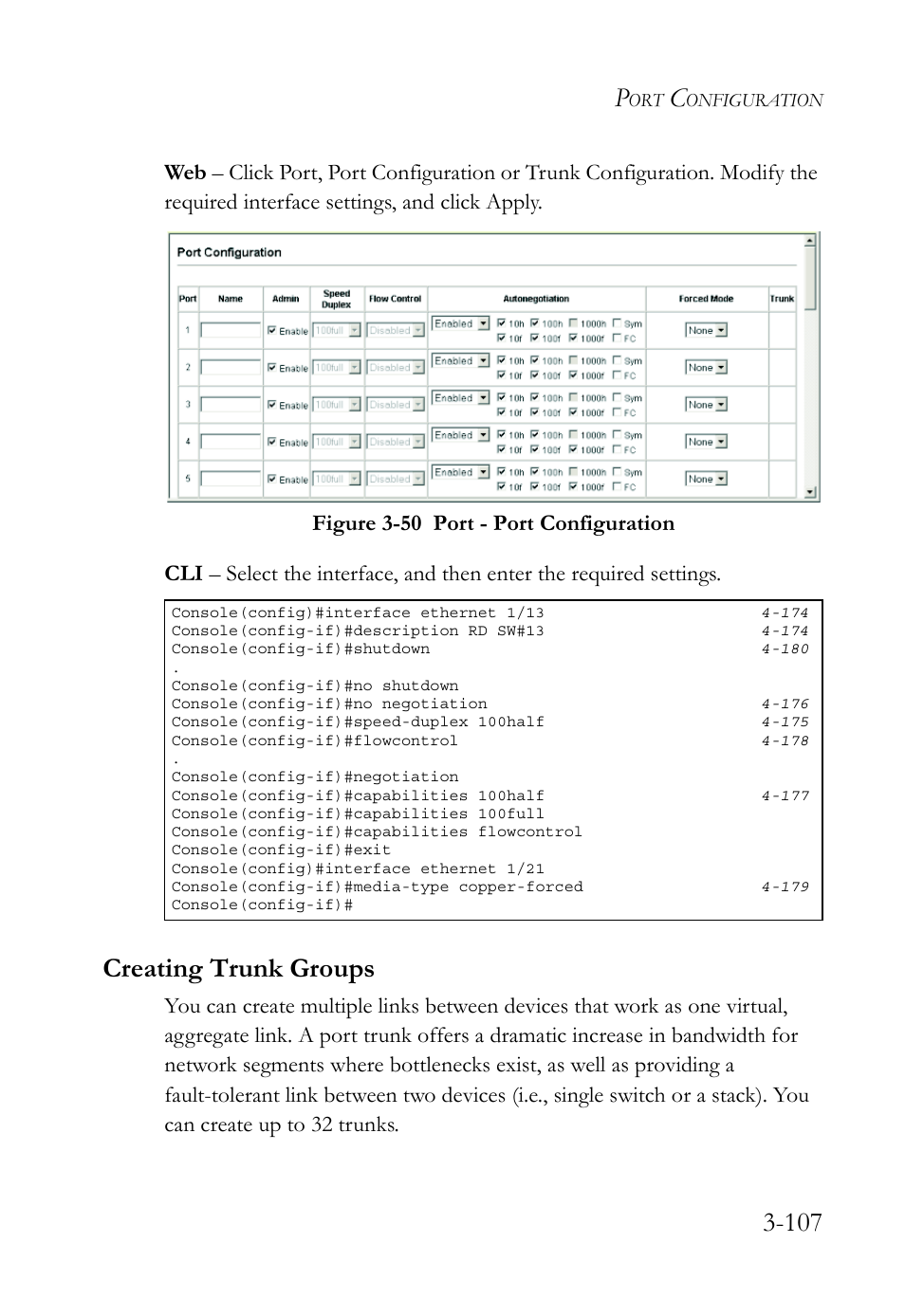 Creating trunk groups, Creating trunk groups -107, Figure 3-50 port - port configuration -107 | SMC Networks SMC TigerStack 1000 SMC8748M User Manual | Page 163 / 592