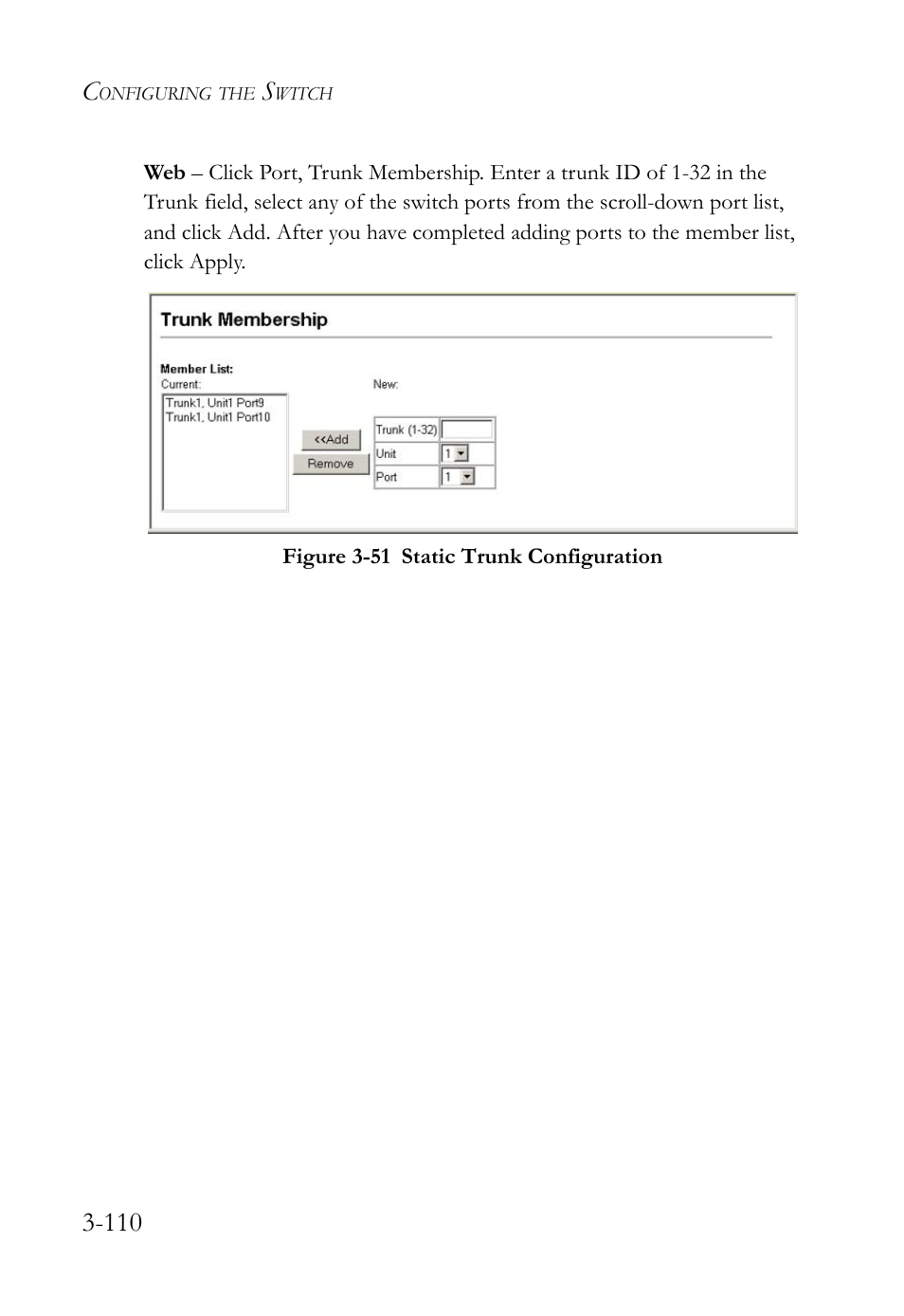 Figure 3-51 static trunk configuration -110 | SMC Networks SMC TigerStack 1000 SMC8748M User Manual | Page 166 / 592