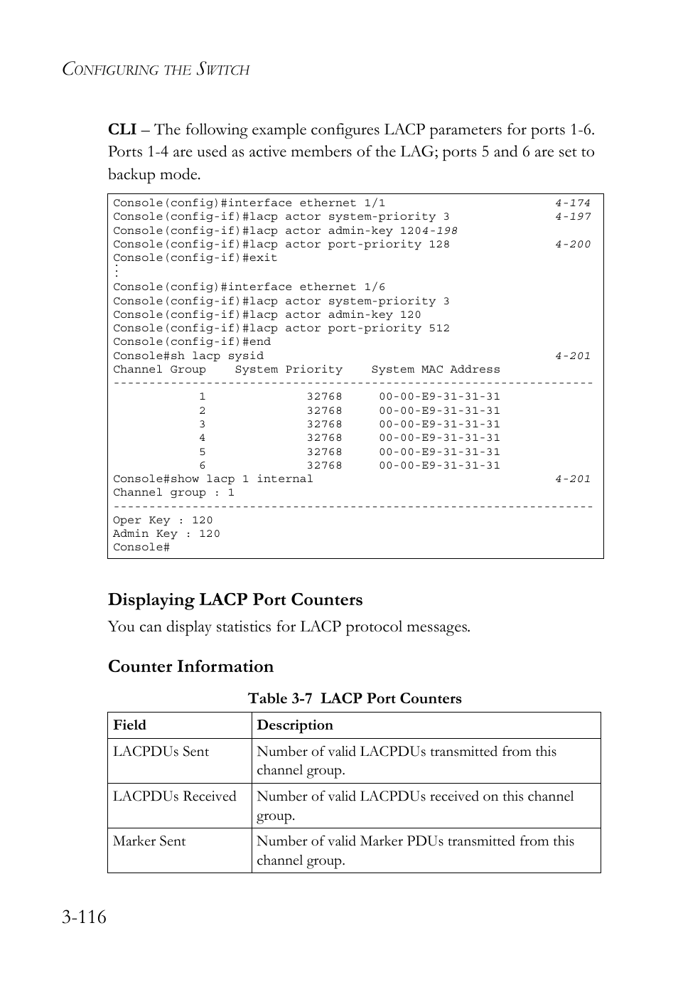 Displaying lacp port counters, Displaying lacp port counters -116, Table 3-7 | Lacp port counters -116, Counter information | SMC Networks SMC TigerStack 1000 SMC8748M User Manual | Page 172 / 592