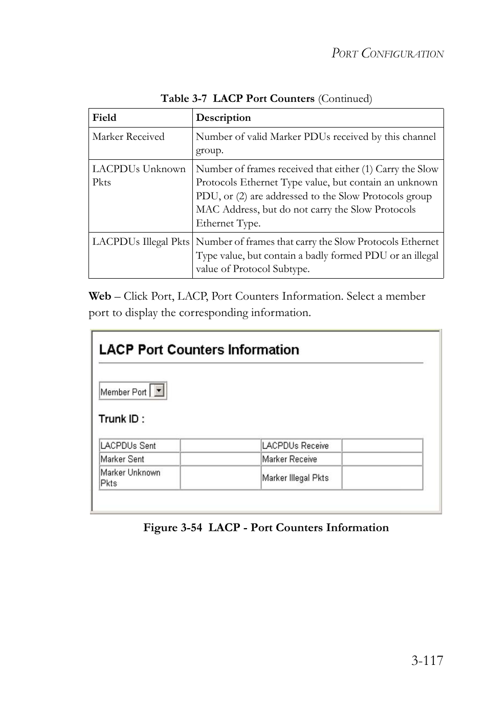Figure 3-54 lacp - port counters information -117 | SMC Networks SMC TigerStack 1000 SMC8748M User Manual | Page 173 / 592
