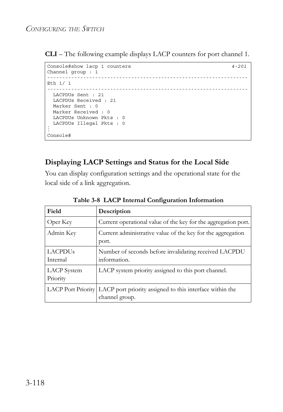 Table 3-8, Lacp internal configuration information -118 | SMC Networks SMC TigerStack 1000 SMC8748M User Manual | Page 174 / 592