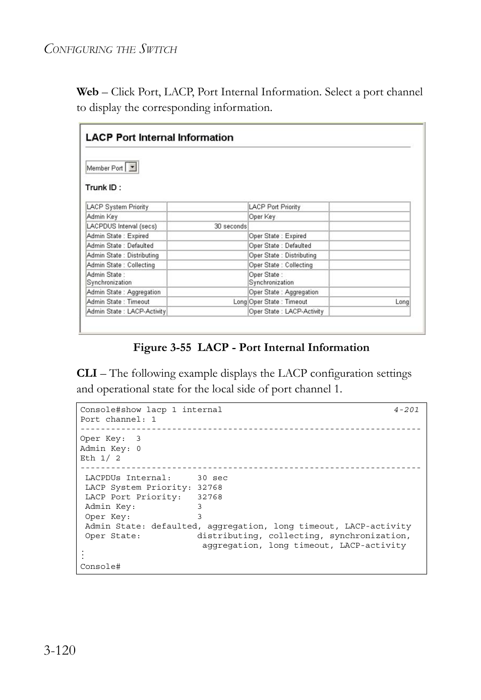 Figure 3-55 lacp - port internal information -120 | SMC Networks SMC TigerStack 1000 SMC8748M User Manual | Page 176 / 592