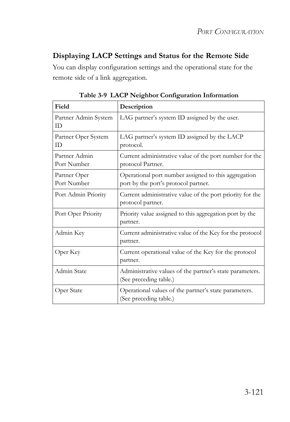 Table 3-9, Lacp neighbor configuration information -121 | SMC Networks SMC TigerStack 1000 SMC8748M User Manual | Page 177 / 592