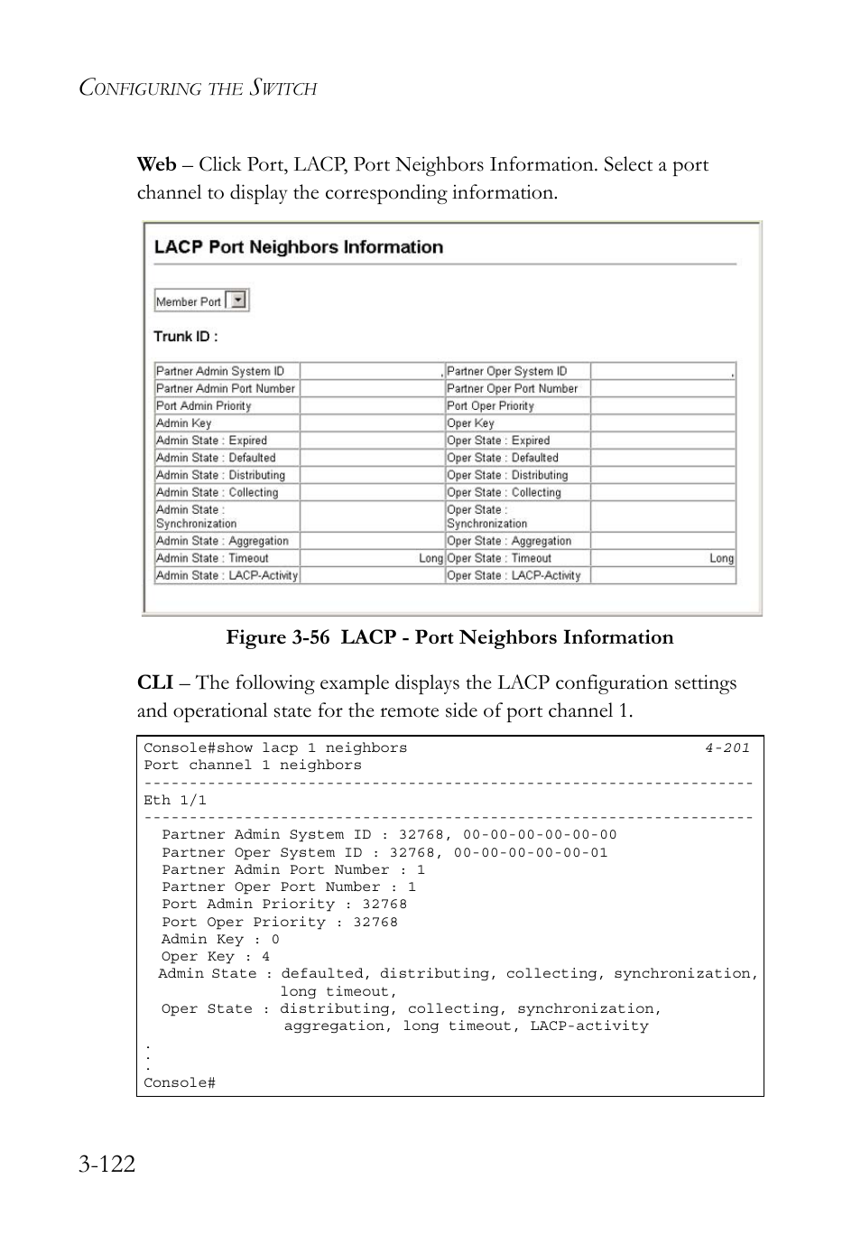 Figure 3-56 lacp - port neighbors information -122 | SMC Networks SMC TigerStack 1000 SMC8748M User Manual | Page 178 / 592