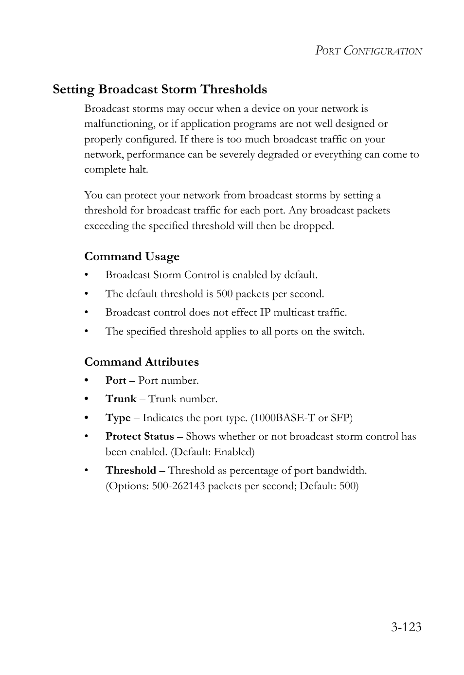 Setting broadcast storm thresholds, Setting broadcast storm thresholds -123, 123 setting broadcast storm thresholds | SMC Networks SMC TigerStack 1000 SMC8748M User Manual | Page 179 / 592