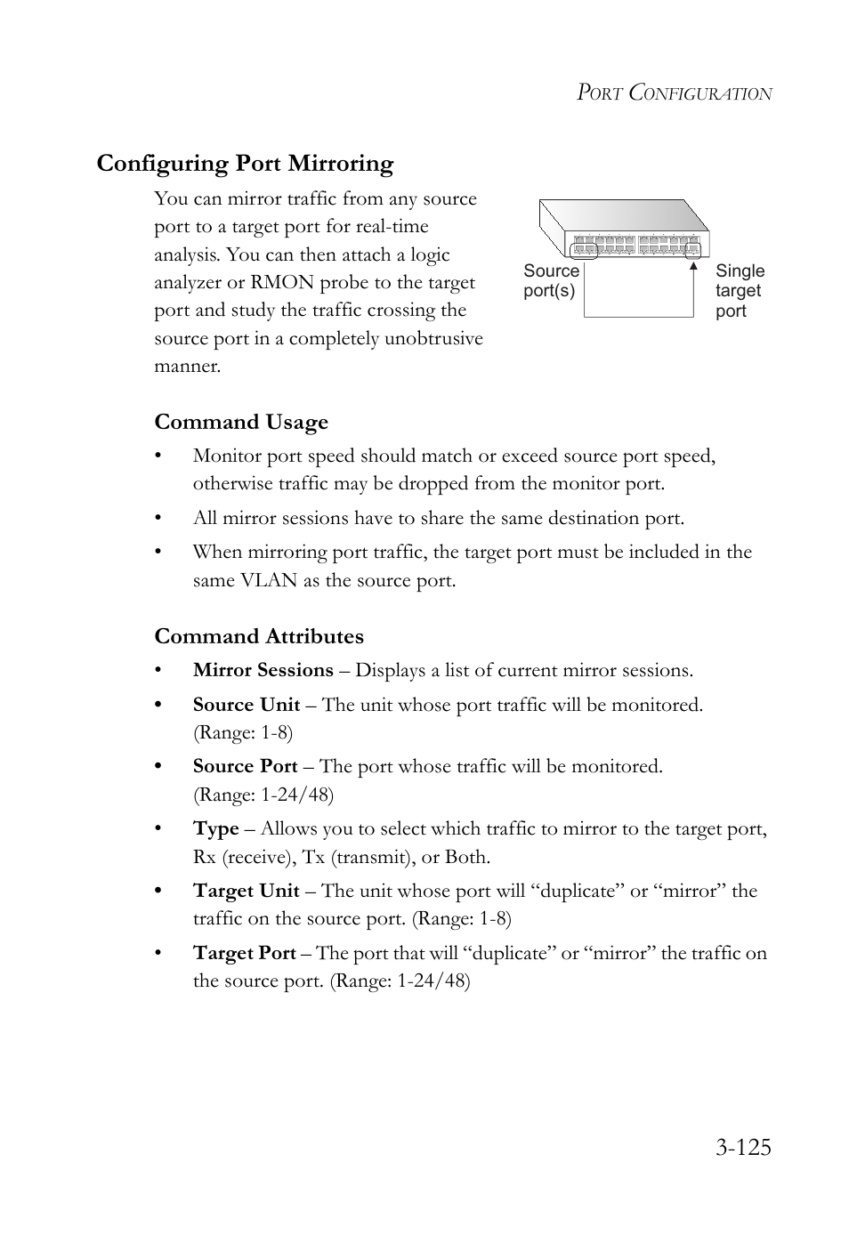 Configuring port mirroring, Configuring port mirroring -125, 125 configuring port mirroring | SMC Networks SMC TigerStack 1000 SMC8748M User Manual | Page 181 / 592