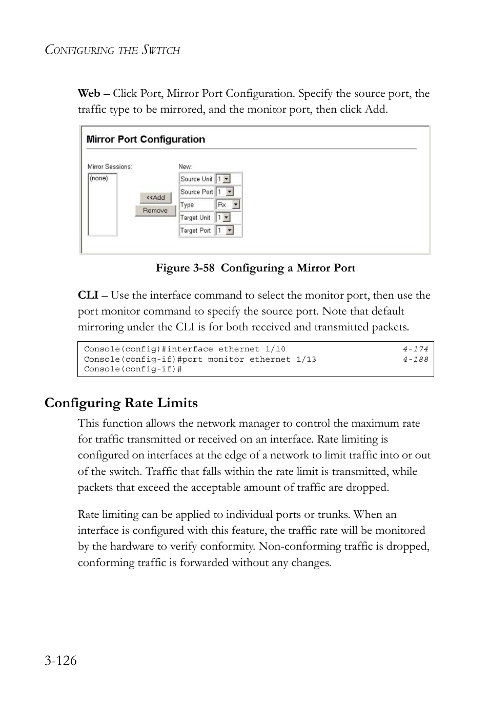 Configuring rate limits, Configuring rate limits -126, Figure 3-58 configuring a mirror port -126 | SMC Networks SMC TigerStack 1000 SMC8748M User Manual | Page 182 / 592