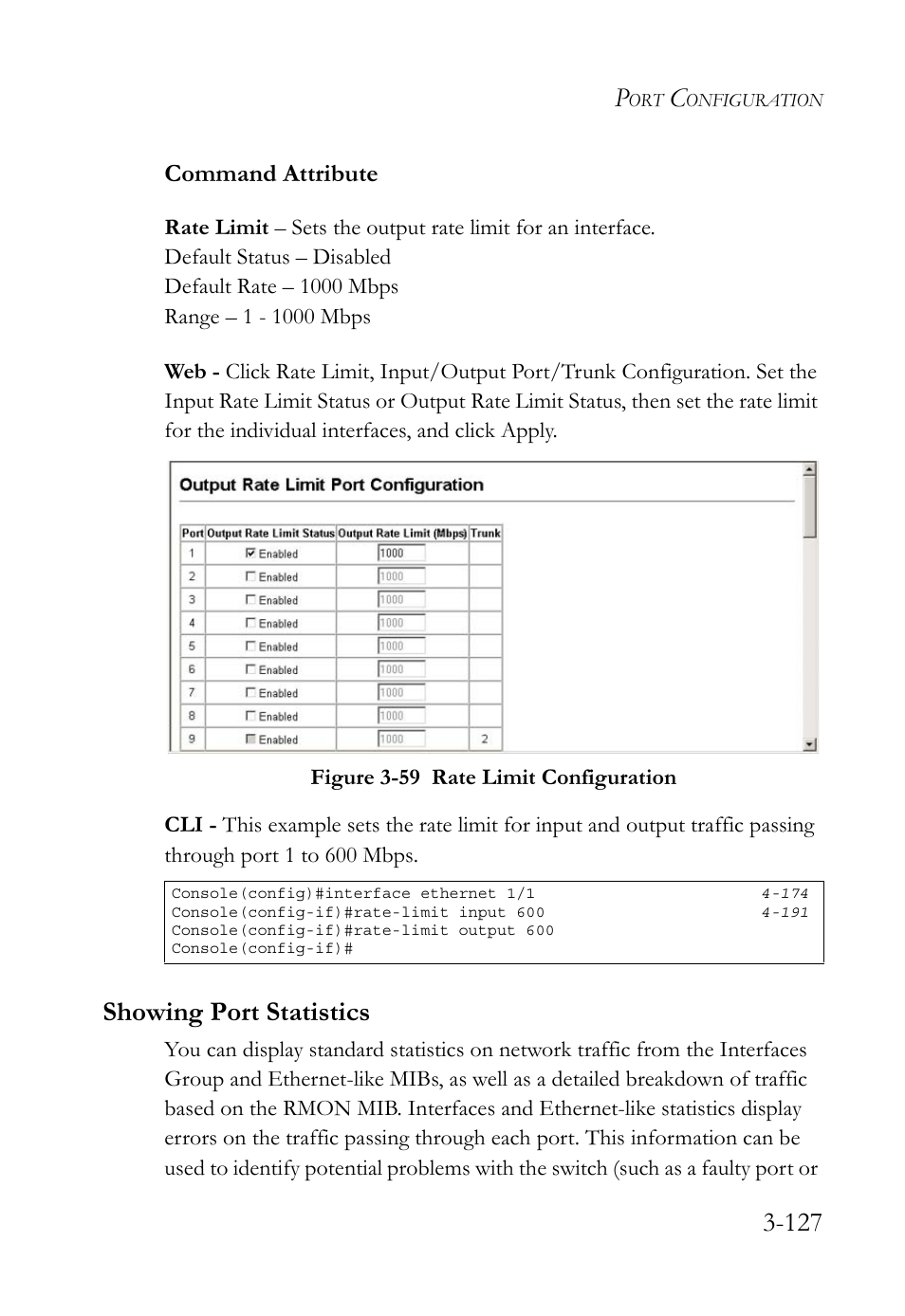 Showing port statistics, Showing port statistics -127, Figure 3-59 rate limit configuration -127 | Command attribute | SMC Networks SMC TigerStack 1000 SMC8748M User Manual | Page 183 / 592