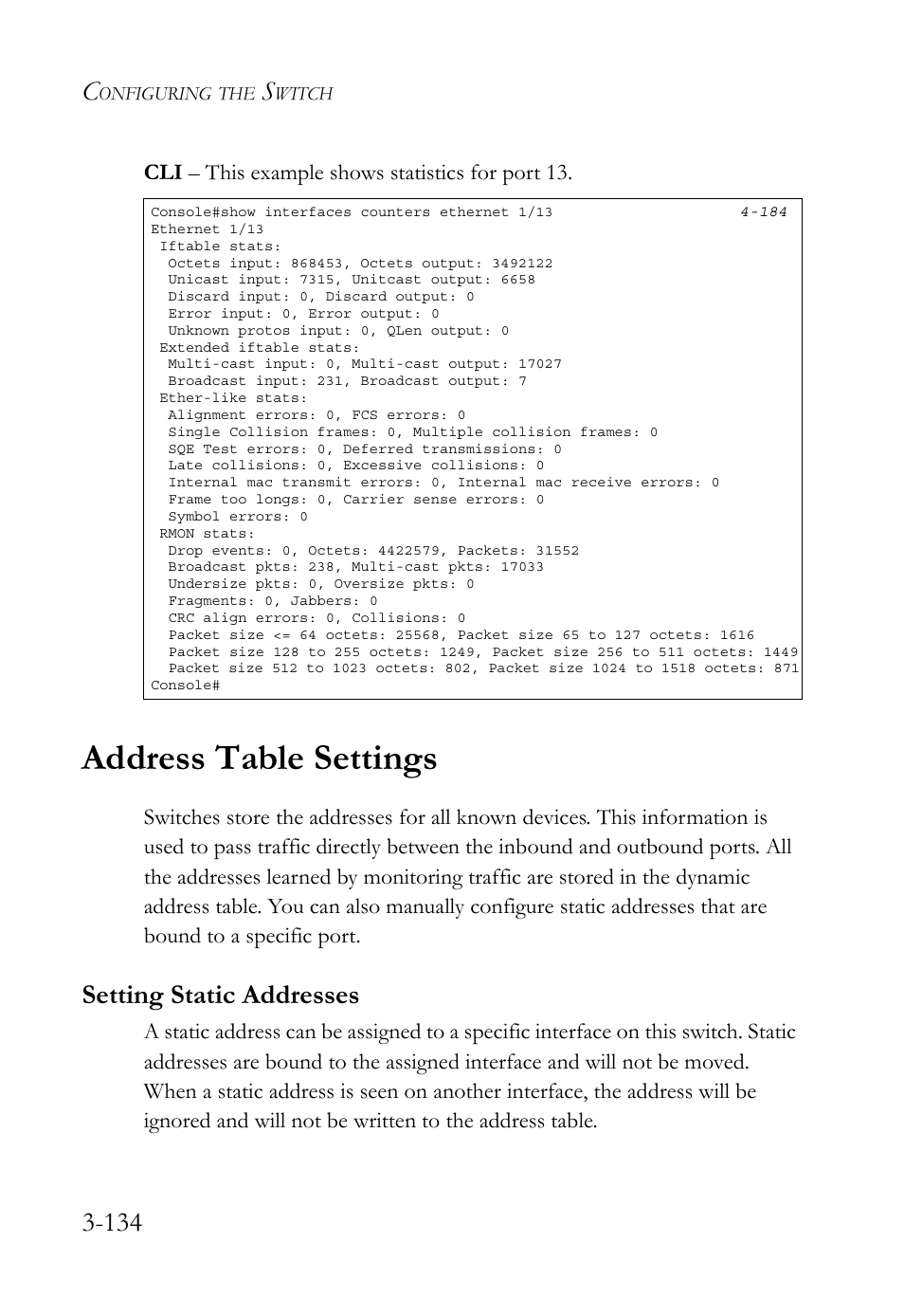 Address table settings, Setting static addresses, Address table settings -134 | Setting static addresses -134 | SMC Networks SMC TigerStack 1000 SMC8748M User Manual | Page 190 / 592