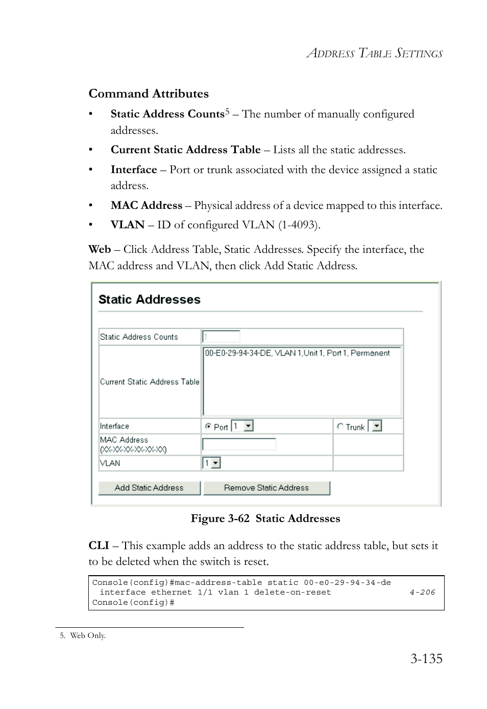 Figure 3-62 static addresses -135, Command attributes | SMC Networks SMC TigerStack 1000 SMC8748M User Manual | Page 191 / 592