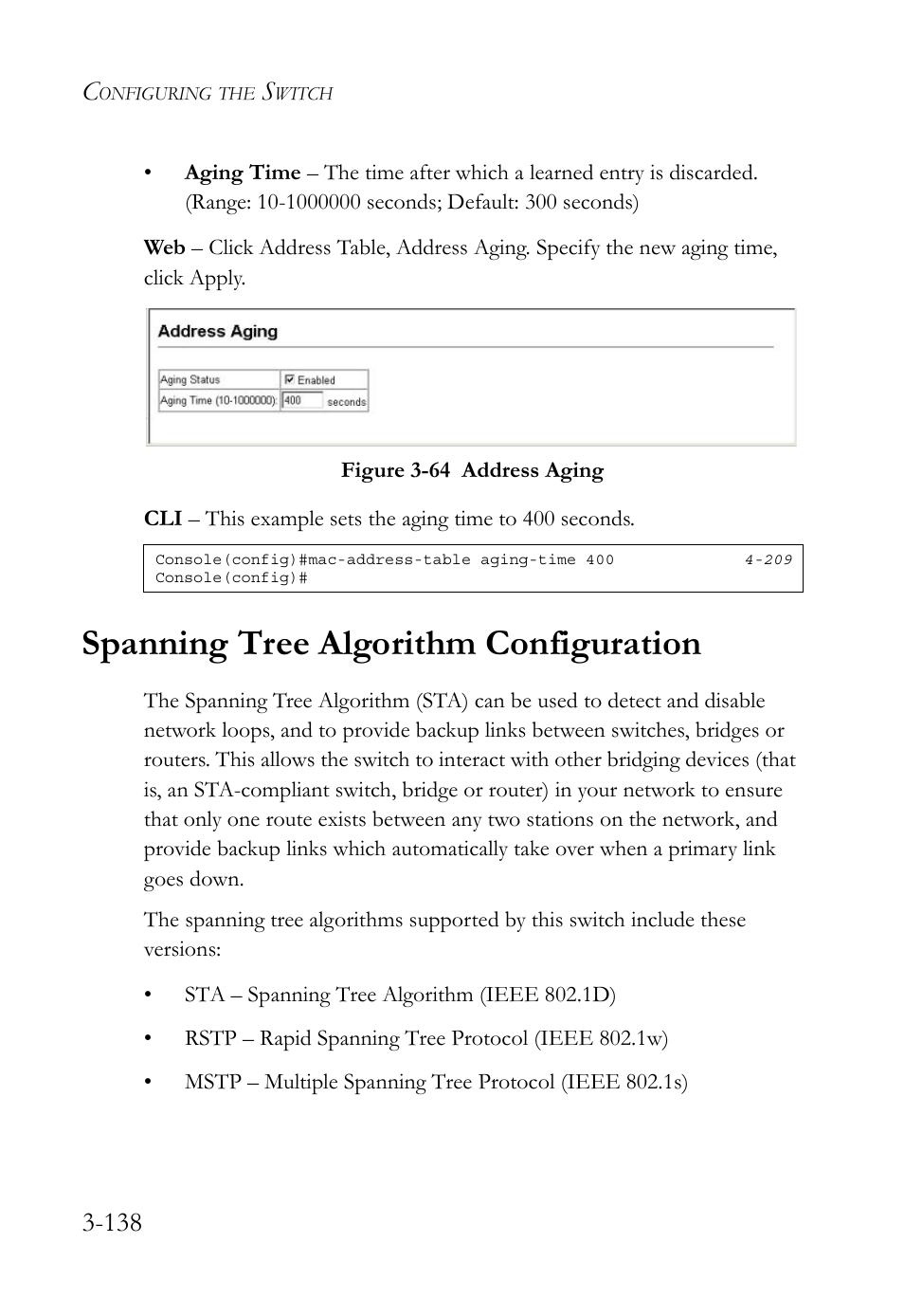 Spanning tree algorithm configuration, Spanning tree algorithm configuration -138, Figure 3-64 address aging -138 | SMC Networks SMC TigerStack 1000 SMC8748M User Manual | Page 194 / 592