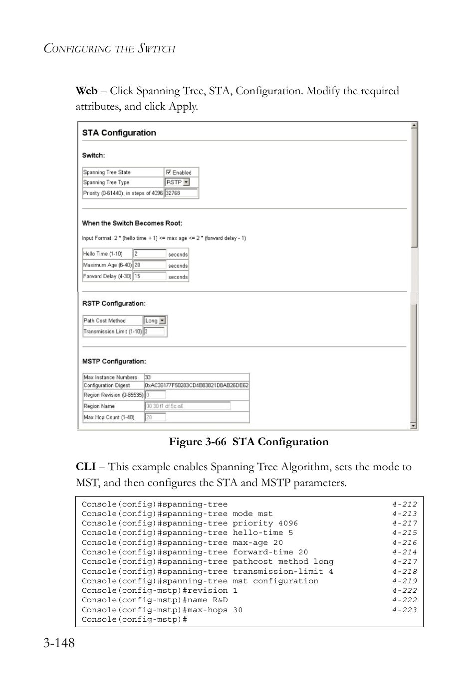 Figure 3-66 sta configuration -148 | SMC Networks SMC TigerStack 1000 SMC8748M User Manual | Page 204 / 592