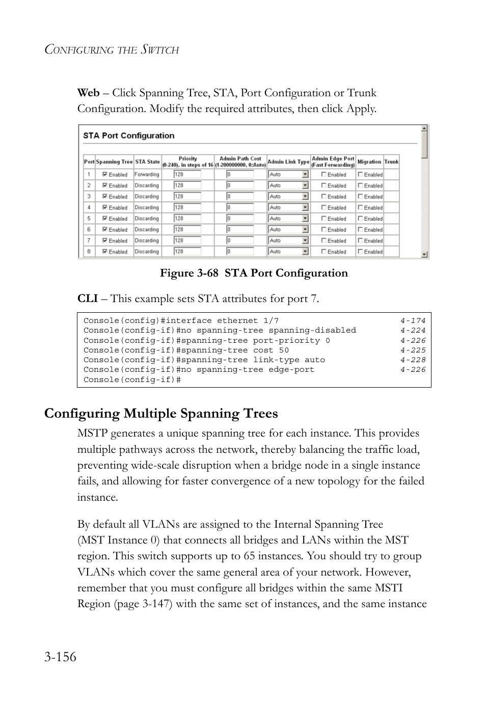Configuring multiple spanning trees, Configuring multiple spanning trees -156, Figure 3-68 sta port configuration -156 | SMC Networks SMC TigerStack 1000 SMC8748M User Manual | Page 212 / 592