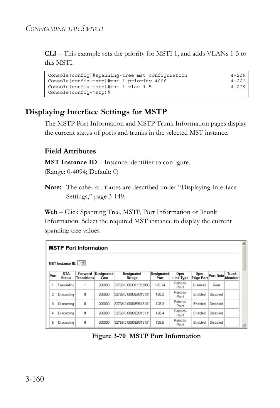 Displaying interface settings for mstp, Displaying interface settings for mstp -160, Figure 3-70 mstp port information -160 | Field attributes | SMC Networks SMC TigerStack 1000 SMC8748M User Manual | Page 216 / 592