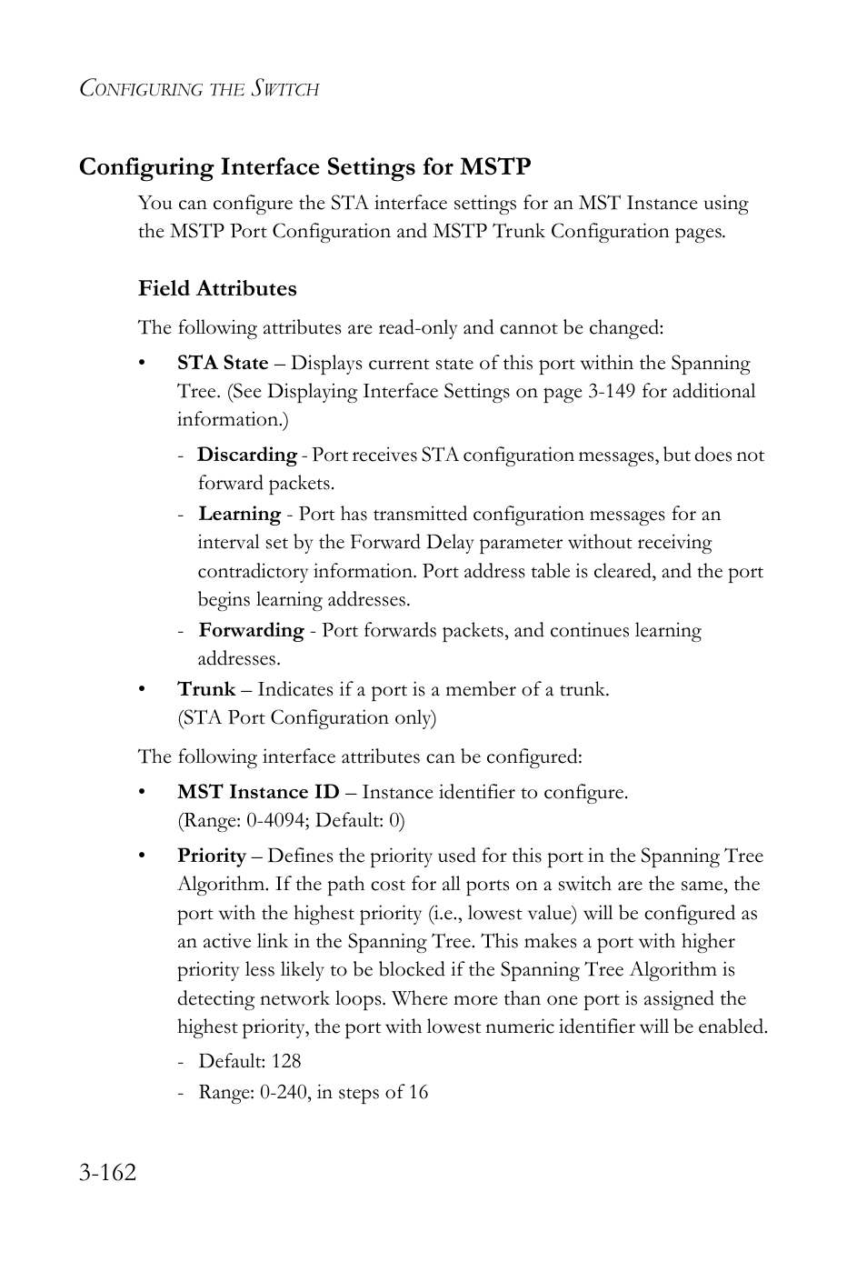 Configuring interface settings for mstp, Configuring interface settings for mstp -162, 162 configuring interface settings for mstp | SMC Networks SMC TigerStack 1000 SMC8748M User Manual | Page 218 / 592