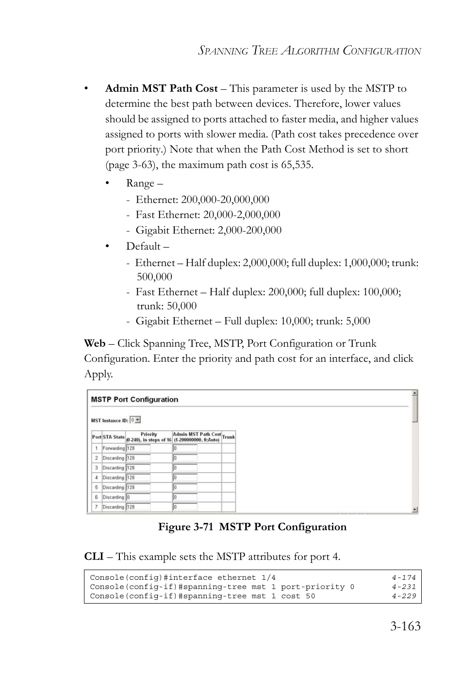 Figure 3-71 mstp port configuration -163 | SMC Networks SMC TigerStack 1000 SMC8748M User Manual | Page 219 / 592
