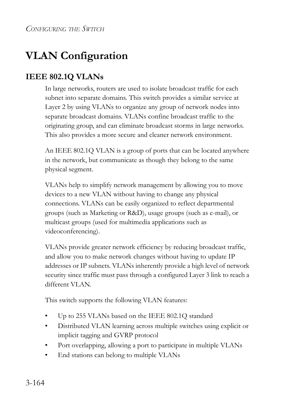 Vlan configuration, Ieee 802.1q vlans, Vlan configuration -164 | Ieee 802.1q vlans -164 | SMC Networks SMC TigerStack 1000 SMC8748M User Manual | Page 220 / 592