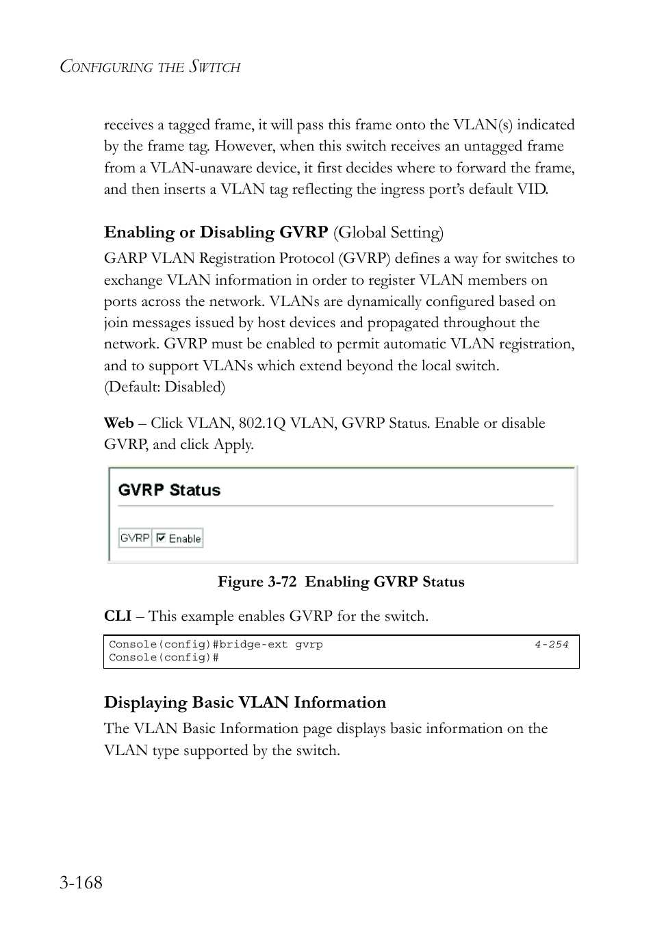 Enabling or disabling gvrp (global setting), Displaying basic vlan information, Figure 3-72 enabling gvrp status -168 | SMC Networks SMC TigerStack 1000 SMC8748M User Manual | Page 224 / 592