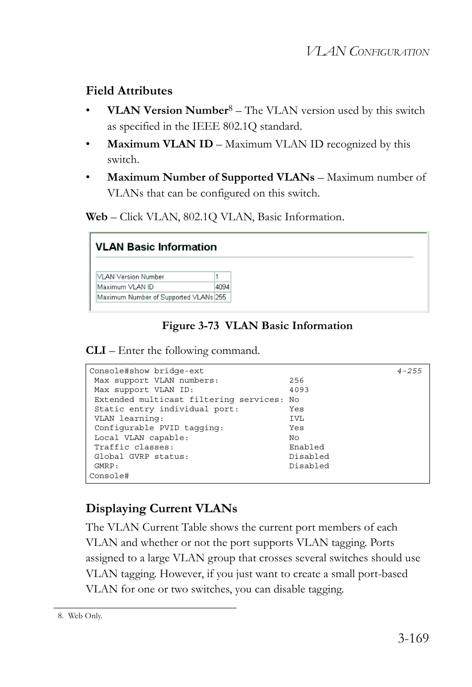 Displaying current vlans, Displaying current vlans -169, Figure 3-73 vlan basic information -169 | Vlan c, Field attributes | SMC Networks SMC TigerStack 1000 SMC8748M User Manual | Page 225 / 592