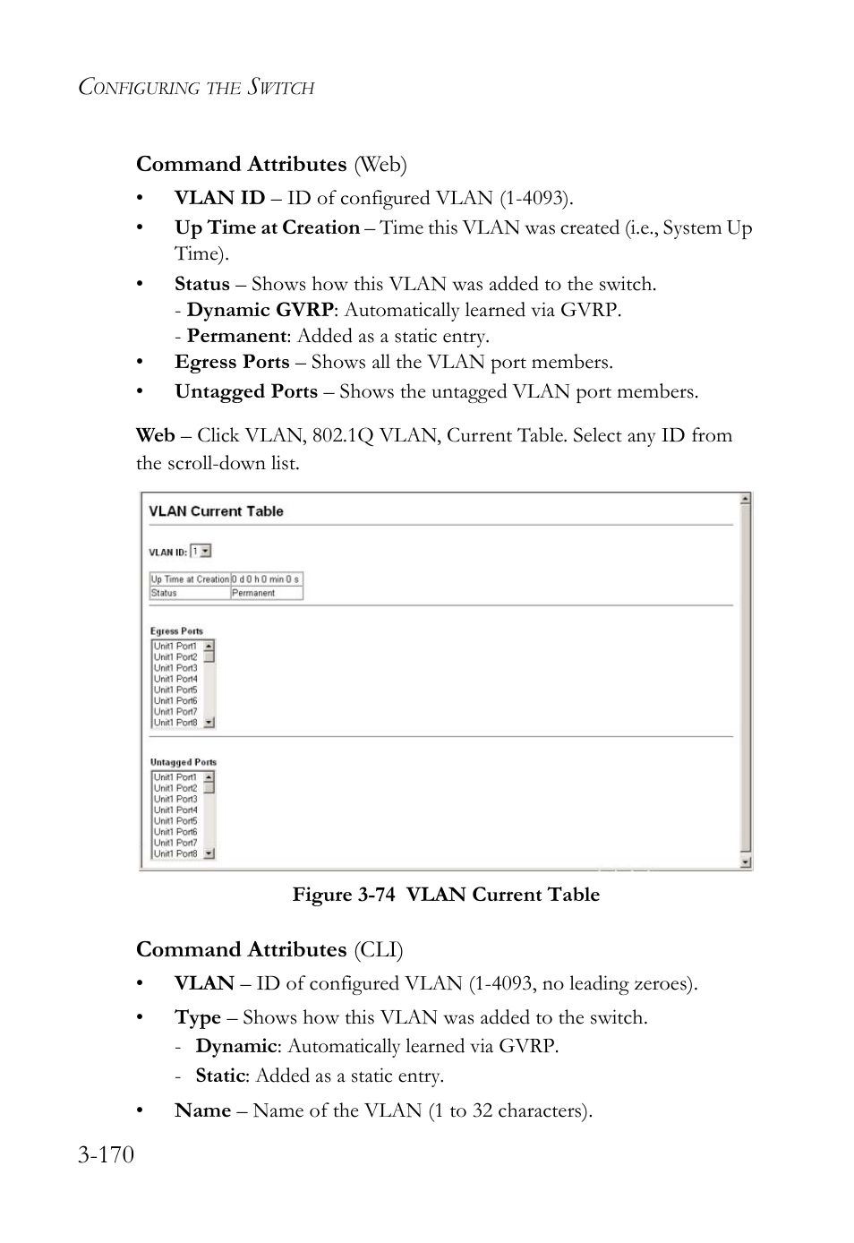 Figure 3-74 vlan current table -170 | SMC Networks SMC TigerStack 1000 SMC8748M User Manual | Page 226 / 592