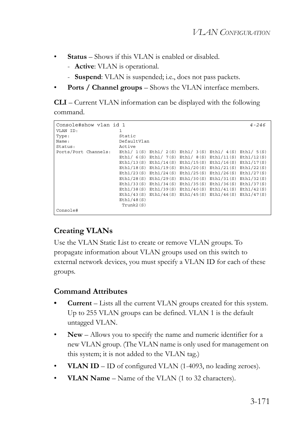 Creating vlans, Creating vlans -171, Vlan c | Command attributes | SMC Networks SMC TigerStack 1000 SMC8748M User Manual | Page 227 / 592