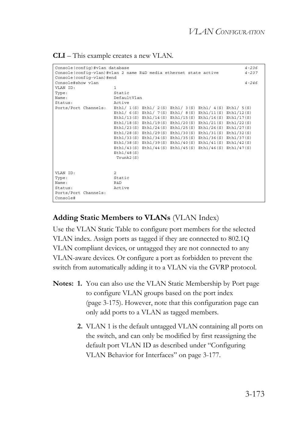 Adding static members to vlans (vlan index), Adding static members to vlans (vlan index) -173, Vlan c | Cli – this example creates a new vlan | SMC Networks SMC TigerStack 1000 SMC8748M User Manual | Page 229 / 592