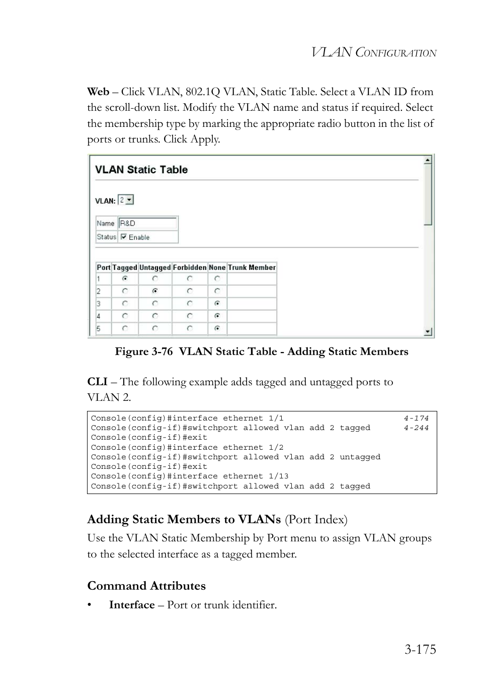 Adding static members to vlans (port index), Adding static members to vlans (port index) -175, Vlan c | Command attributes | SMC Networks SMC TigerStack 1000 SMC8748M User Manual | Page 231 / 592