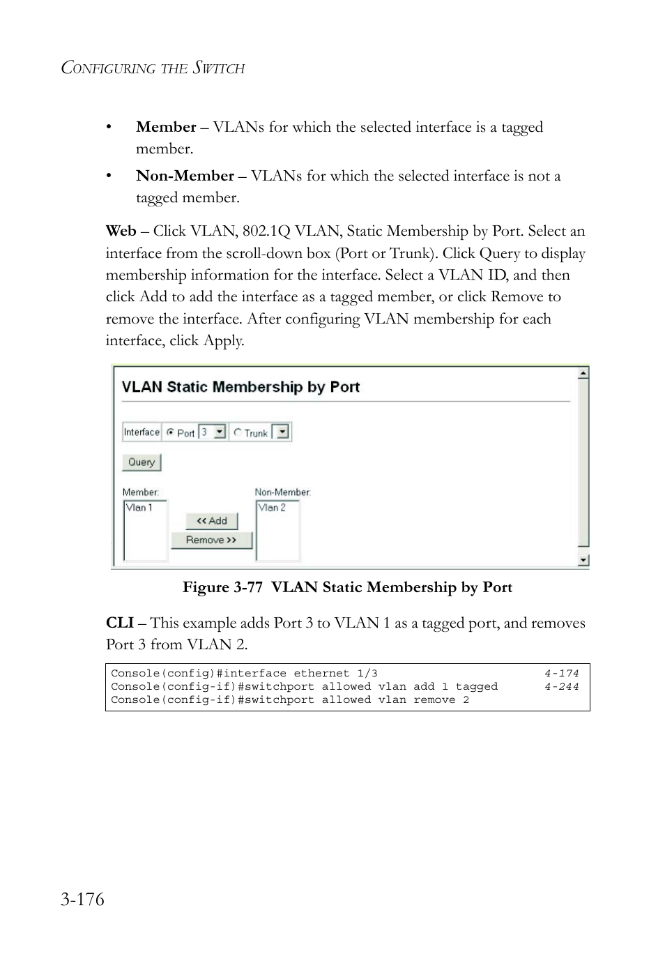 Figure 3-77 vlan static membership by port -176 | SMC Networks SMC TigerStack 1000 SMC8748M User Manual | Page 232 / 592