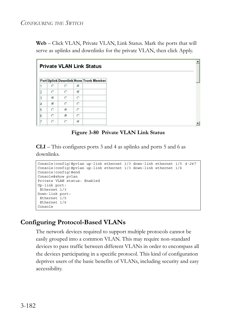 Configuring protocol-based vlans, Configuring protocol-based vlans -182, Figure 3-80 private vlan link status -182 | SMC Networks SMC TigerStack 1000 SMC8748M User Manual | Page 238 / 592