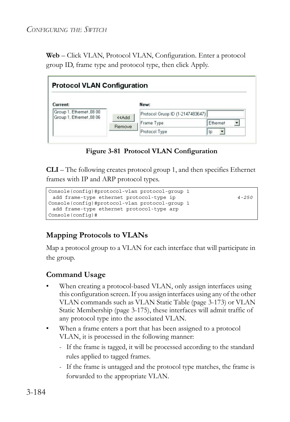 Mapping protocols to vlans, Mapping protocols to vlans -184, Figure 3-81 protocol vlan configuration -184 | Command usage | SMC Networks SMC TigerStack 1000 SMC8748M User Manual | Page 240 / 592