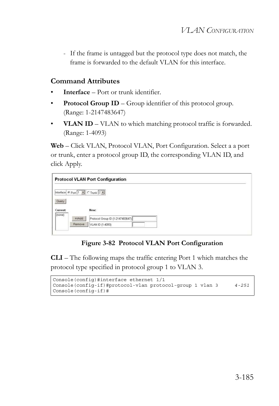 Figure 3-82 protocol vlan port configuration -185, Vlan c, Command attributes | SMC Networks SMC TigerStack 1000 SMC8748M User Manual | Page 241 / 592